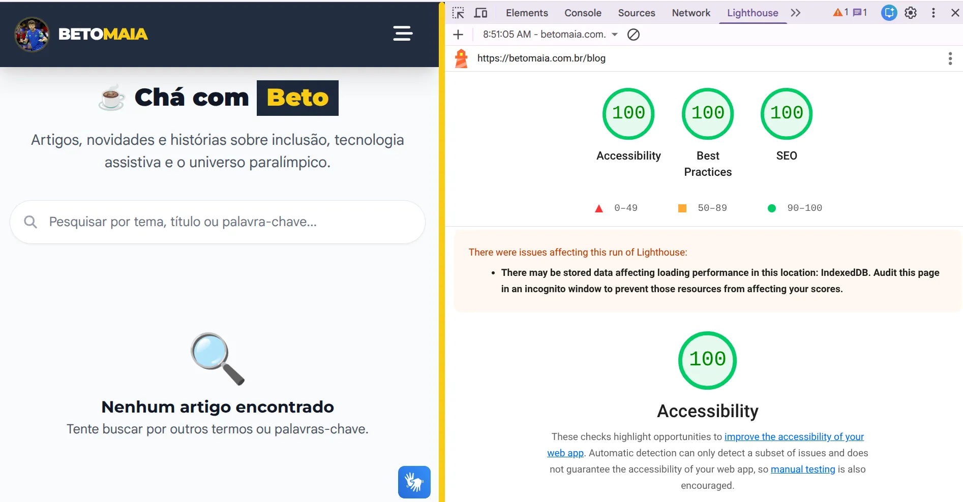 Captura de tela mostrando pontuação de 100% no Lighthouse