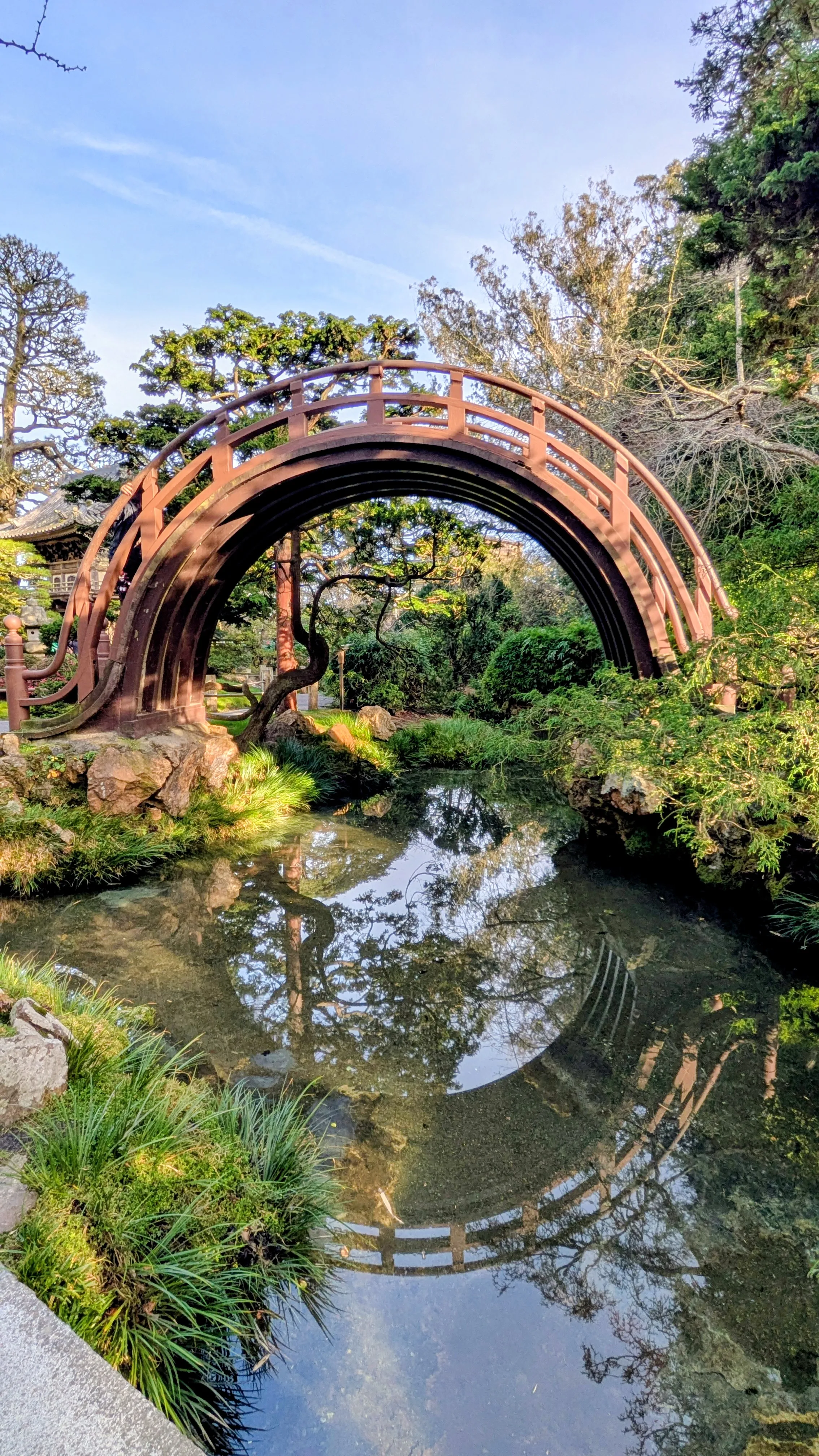 Ponte de madeira em arco alto estilo japonês sobre um lago calmo, com seu reflexo na água formando um círculo completo, cercada por vegetação exuberante e pedras