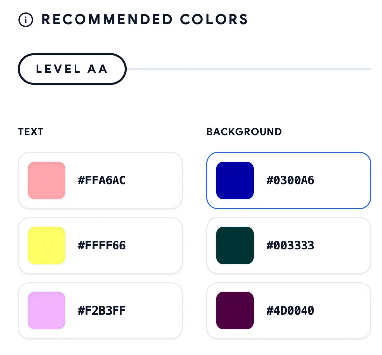 sugestões na bandeja com as cores nomeadas para facilitar acesso via leitor de telas