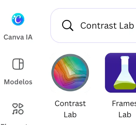 Interface de usuário mostrando ícones e etiquetas: Canva IA, barra de busca Contrast Lab, ícone de gradiente Contrast Lab